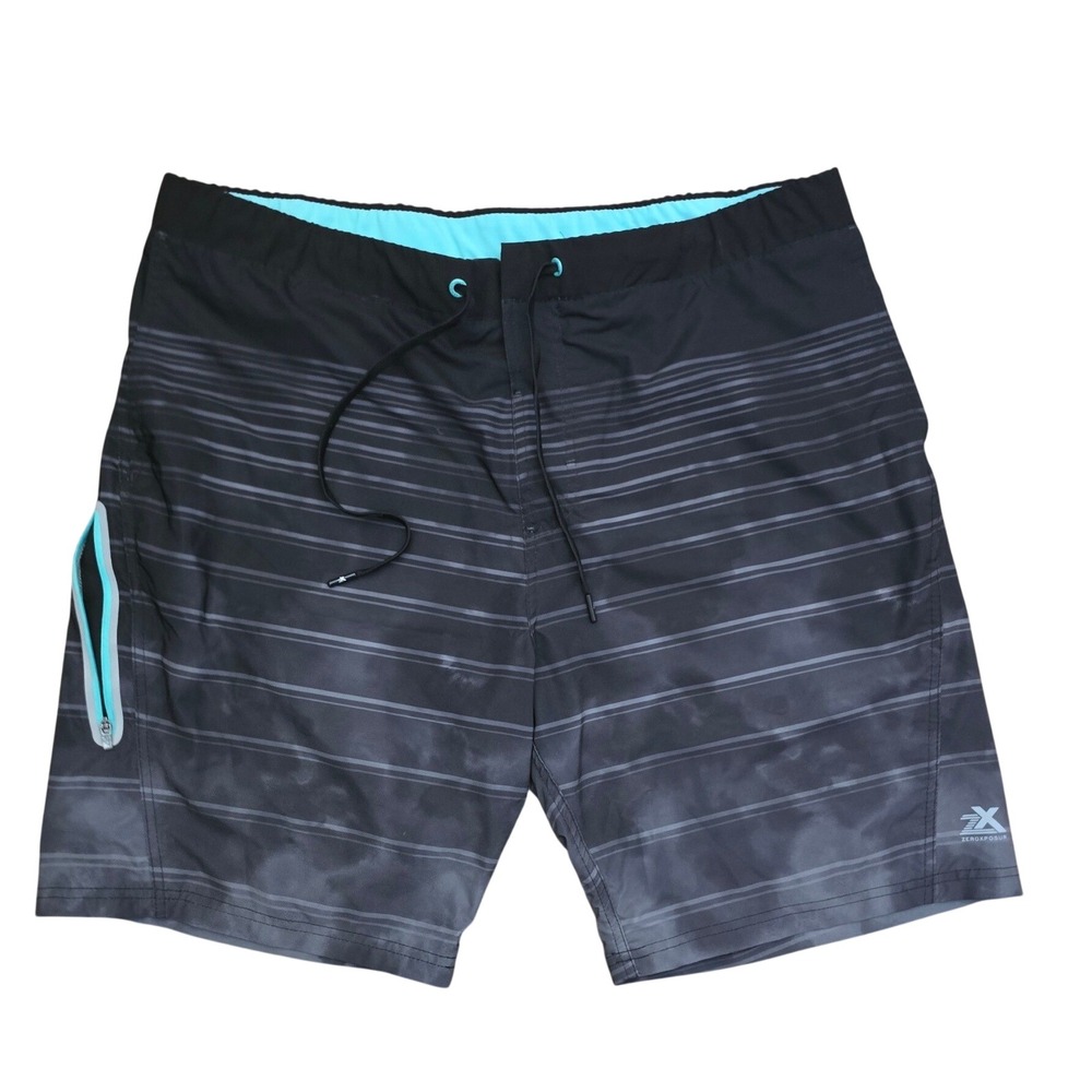 Zeroxposur Mens Board Shorts Black Grey Blue Striped Swim Trunks XL Side Pocket